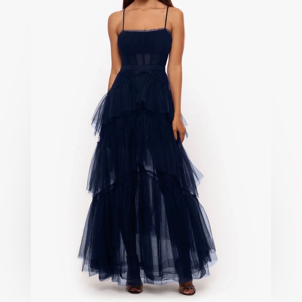 Betsy & Adam Midnight Blue Layered Gown